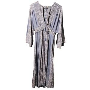 Free People Blue Geometric Print Tassel V-Neck Maxi Dress Size 2 Boho Kimono